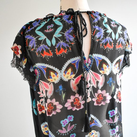 Dark Lacy Floral Paisley Printed Silk Lace Ruffle Sleeve Blouse - Picture 6 of 10